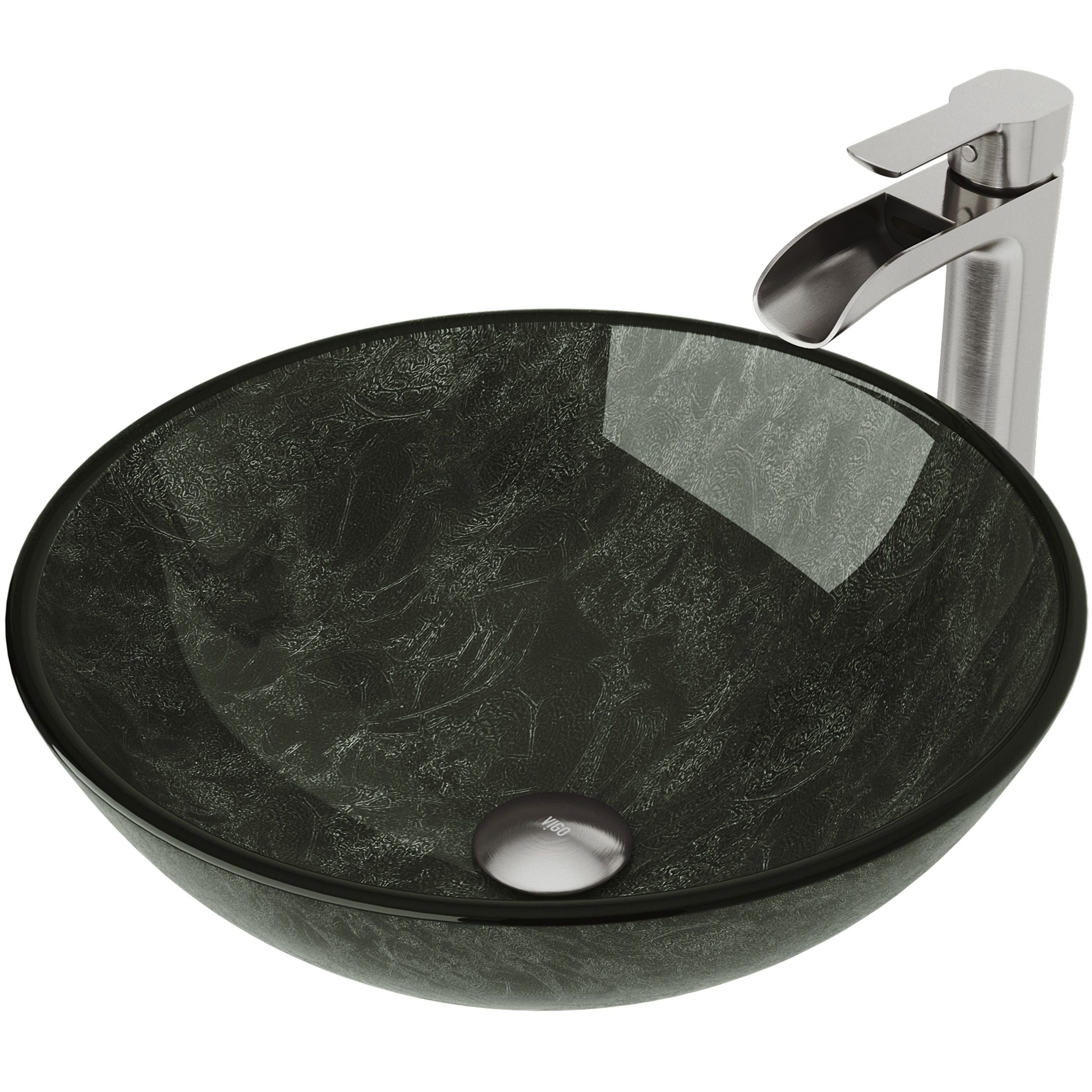 VIGO Glass Grey Onyx Bathroom Sink/Basin Set with Niko Faucet and Round Vessel
