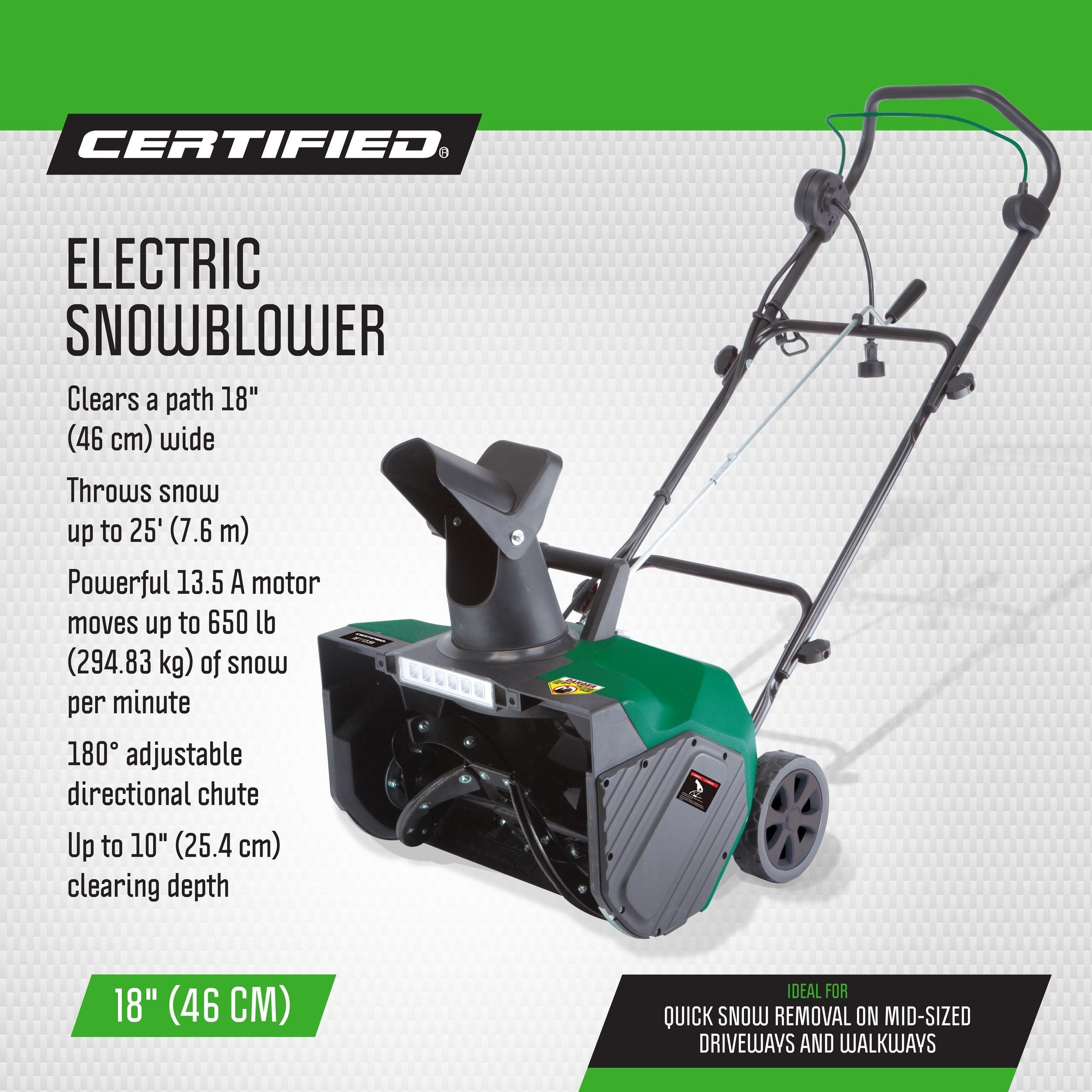 Certified 13.5-Amp Electric Corded Snowblower, 18-in