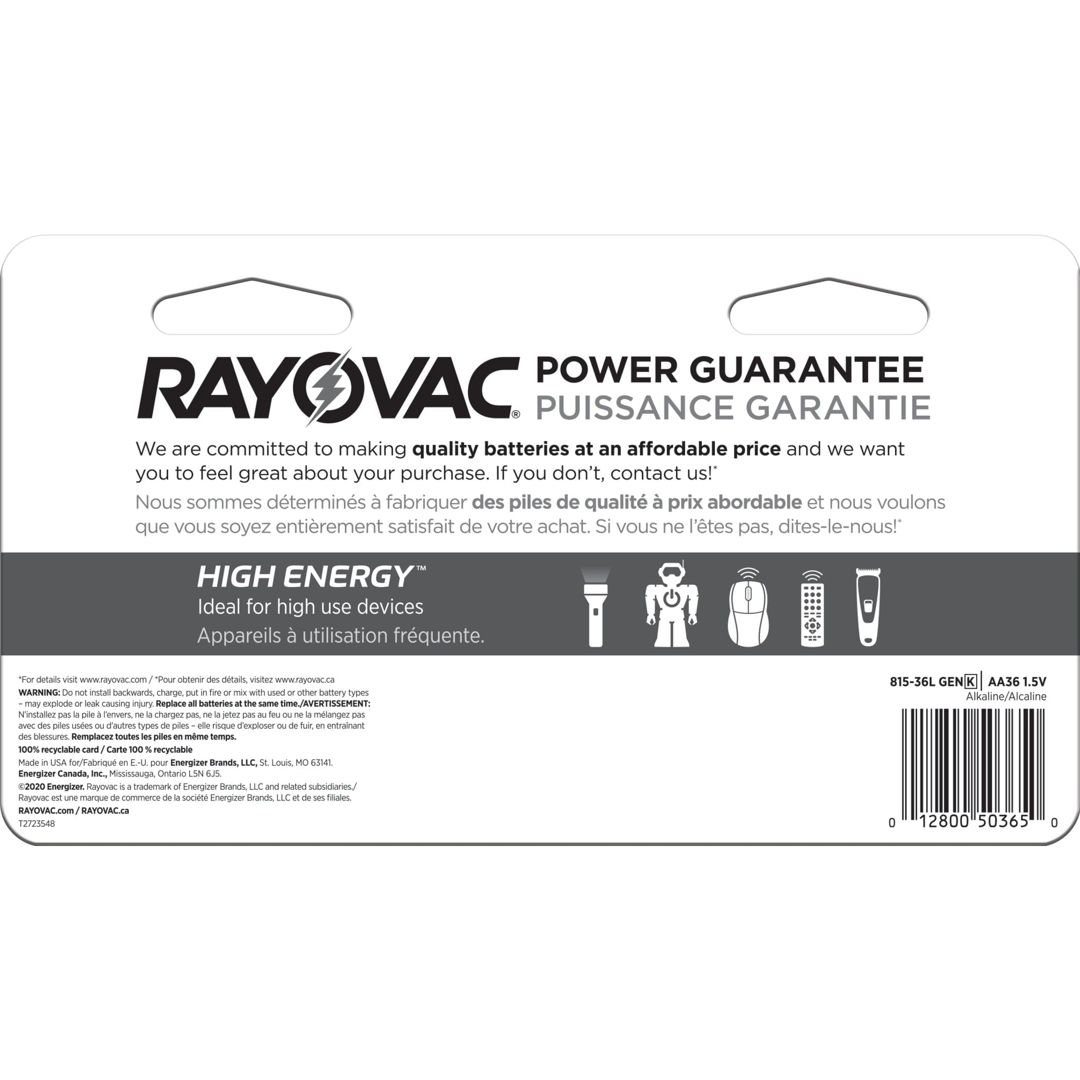 Rayovac HIGH ENERGY AA Alkaline Batteries, Long Lasting, All Purpose, 36-Pk