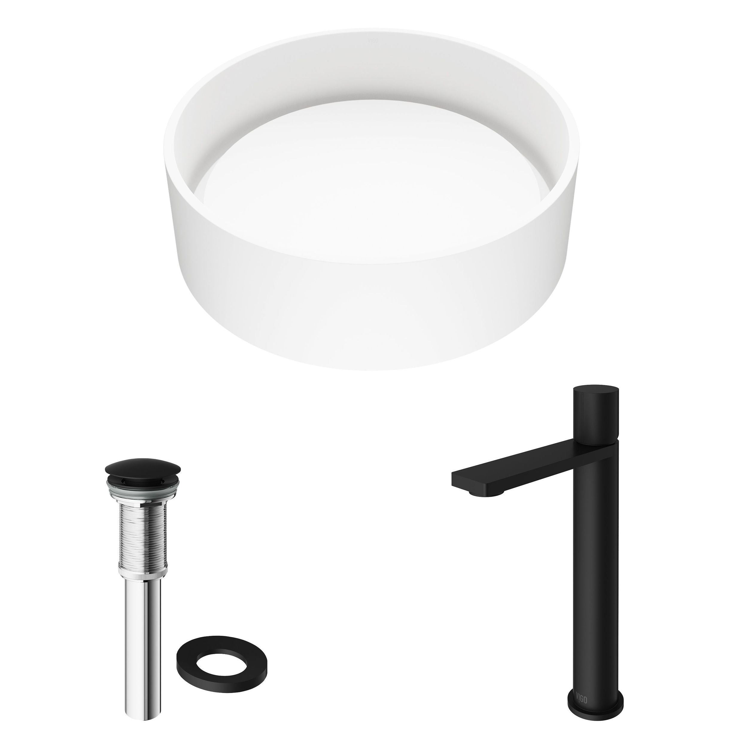 VIGO Anvil MatteStone Round White Composite Bathroom Sink/Basin Set with Gotham Faucet and Pop-Up Drain