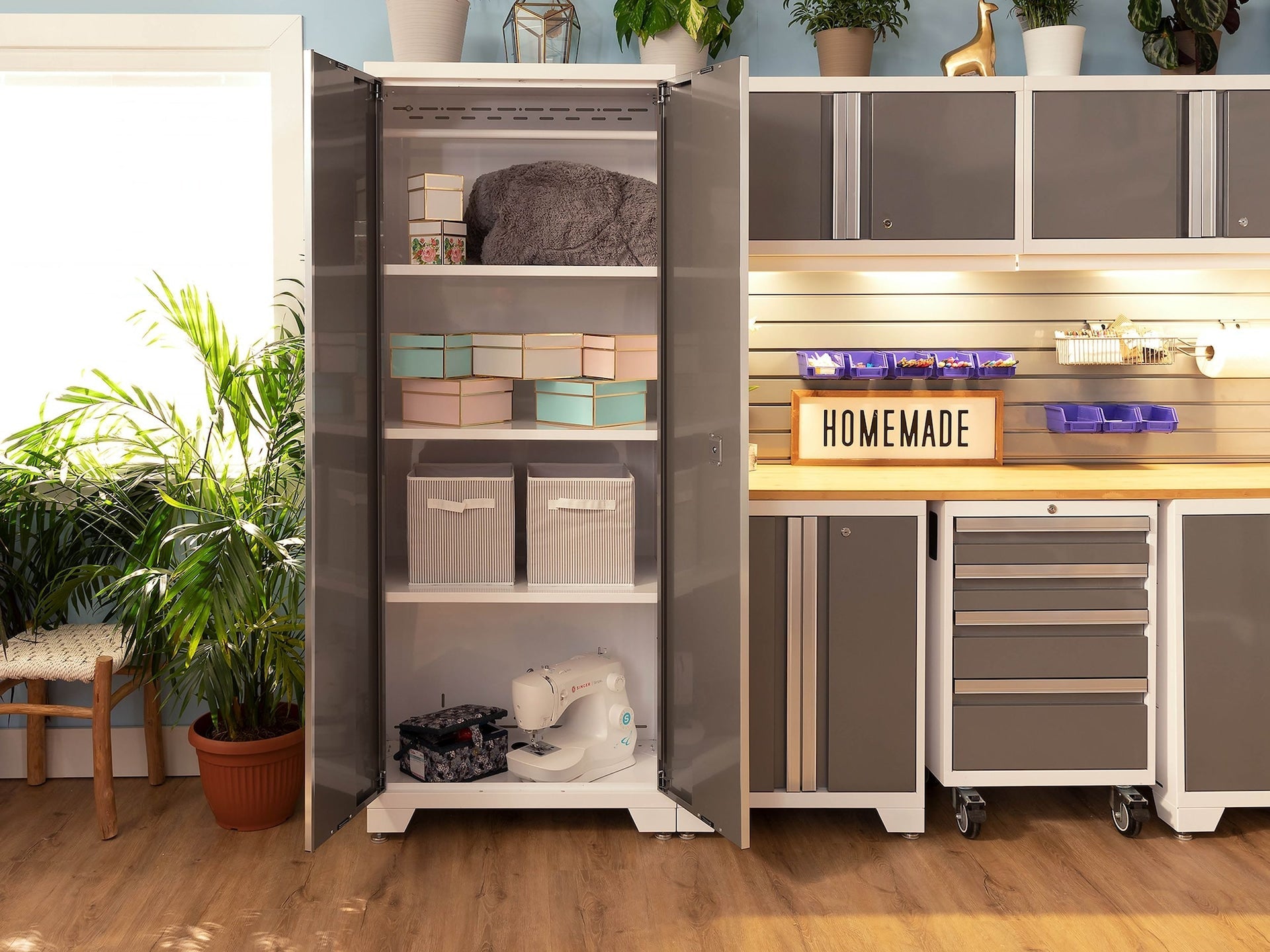 NewAge Bold 3.0 Series All-in-One Lockable Steel Garage Cabinetry Set with Stainless Steel Top, White/Platinum, 48-in x 18-in x 76.75-in, 5-pc