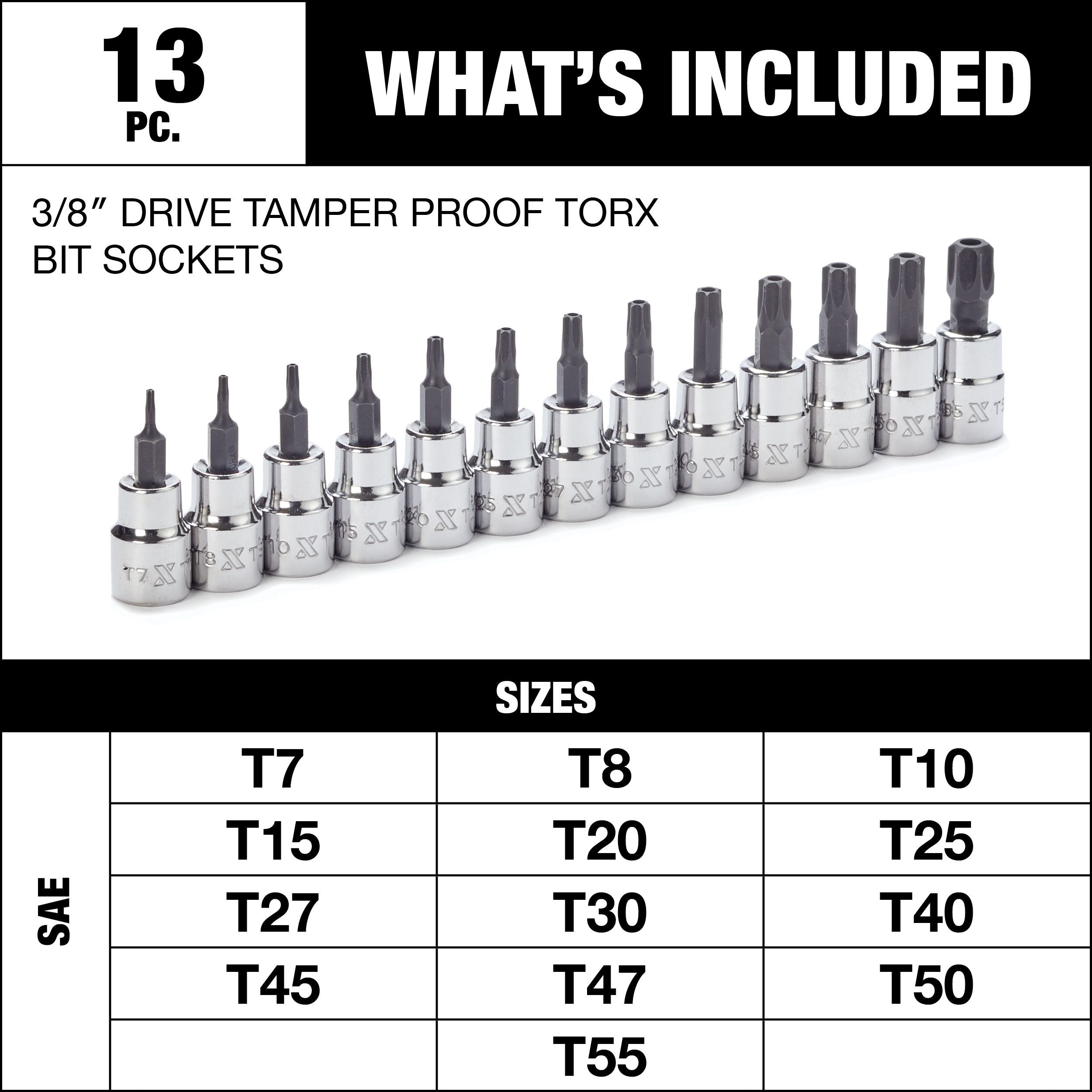 MAXIMUM 3/8-in Drive Tamper Proof Torx Bit Socket Set, Heat-Treated, 13-pc