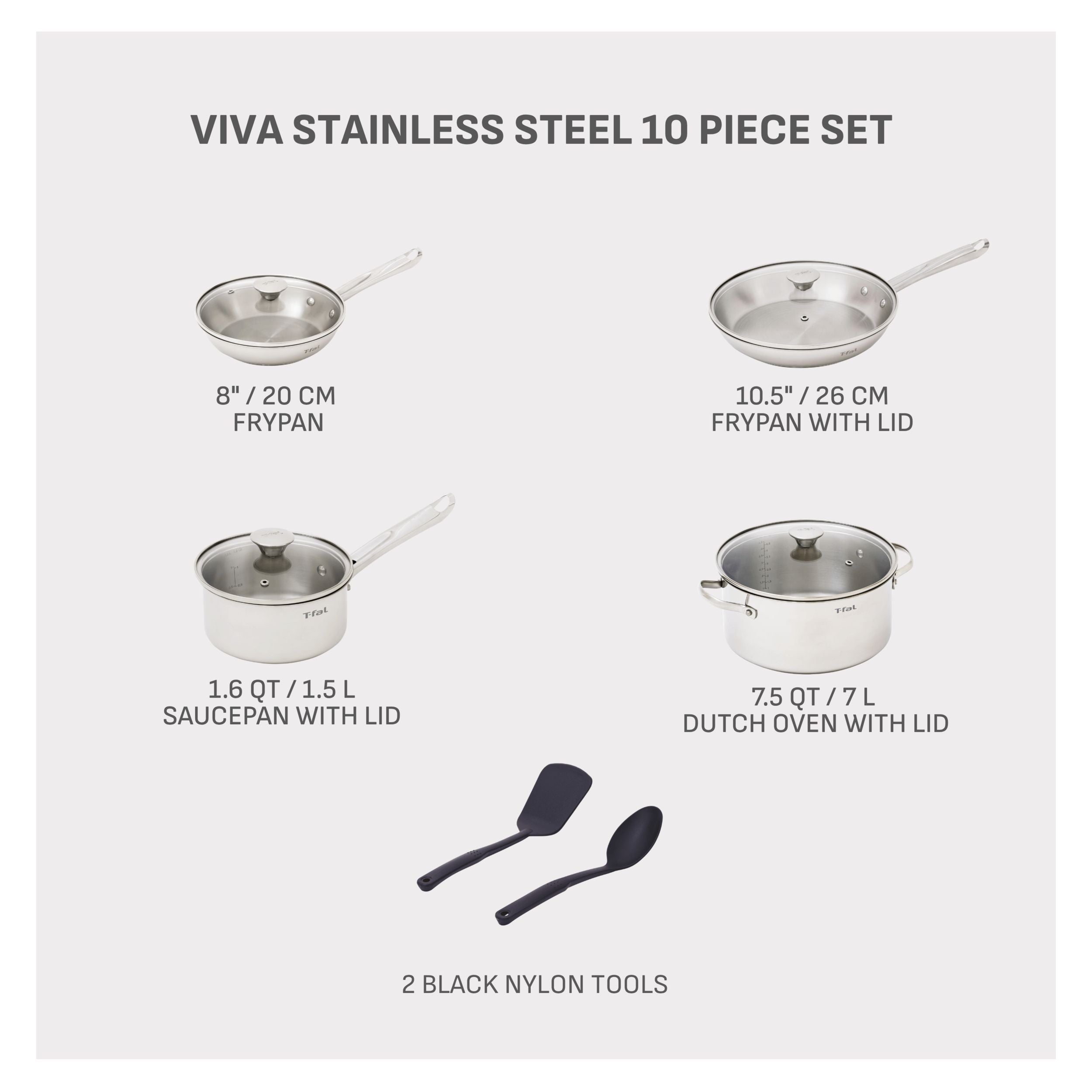 T-Fal Viva Stainless Steel Cookware Set, Dishwasher & Oven Safe, Pots and Pans Set, 10-pc