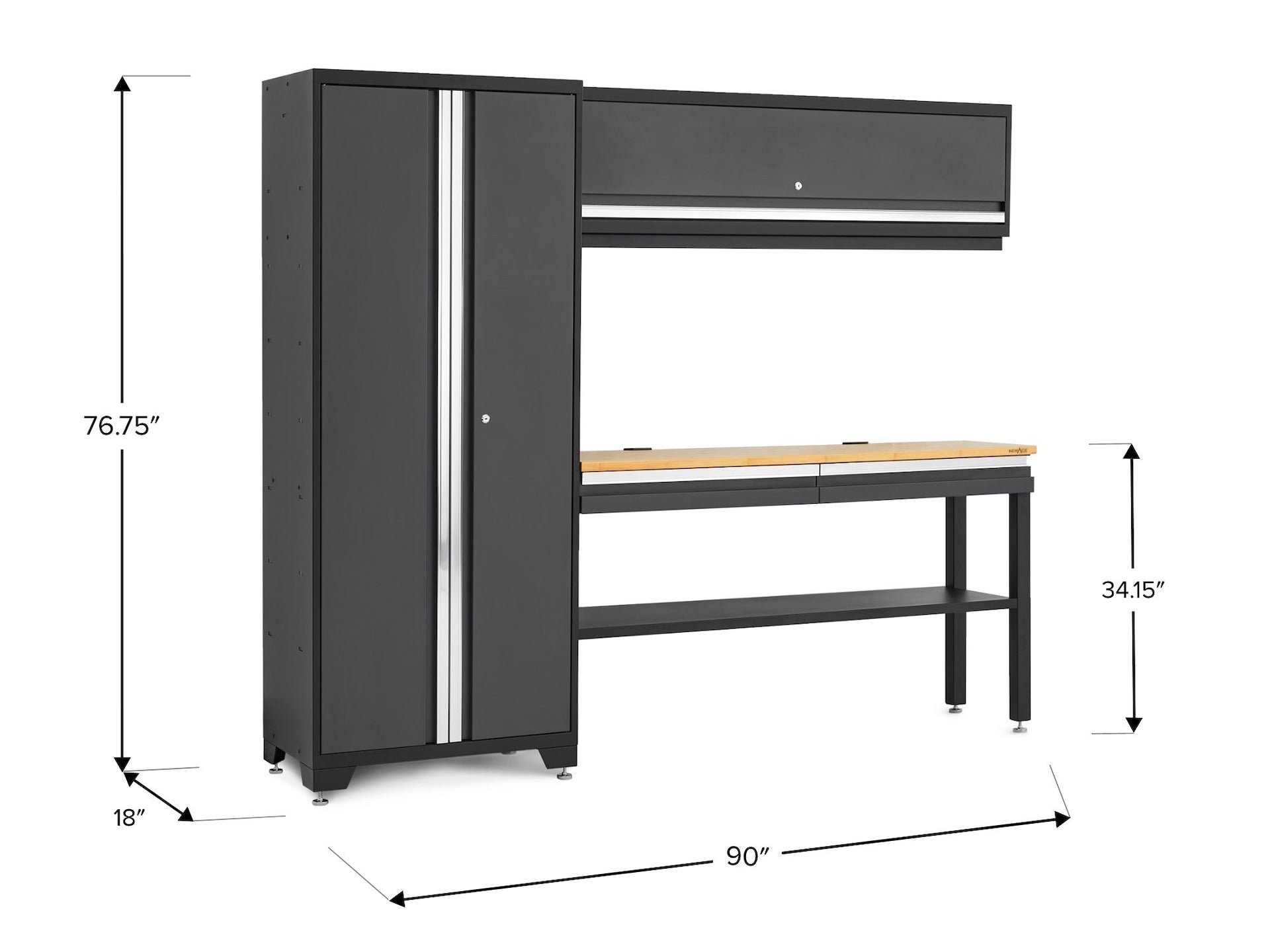 NewAge Bold 3.0 Series All-in-One Lockable Steel Garage Cabinetry Set with Bamboo Top, Grey, 90-in x 18-in x 72-in, 4-pc