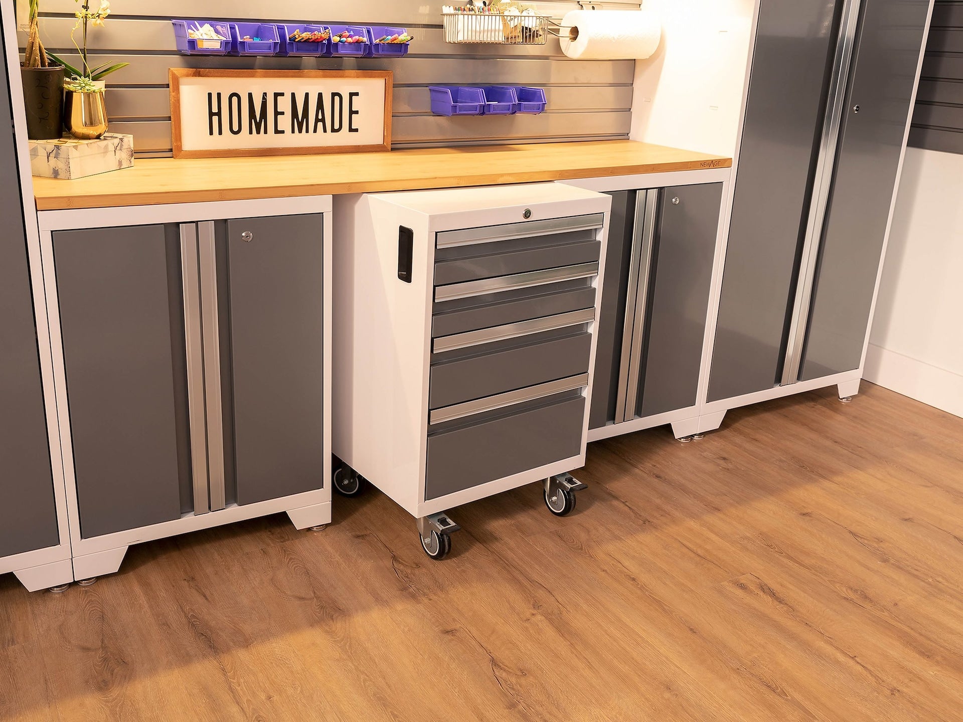 NewAge Bold 3.0 Series All-in-One Lockable Steel Garage Cabinetry Set with Stainless Steel Top, White/Platinum, 48-in x 18-in x 76.75-in, 5-pc