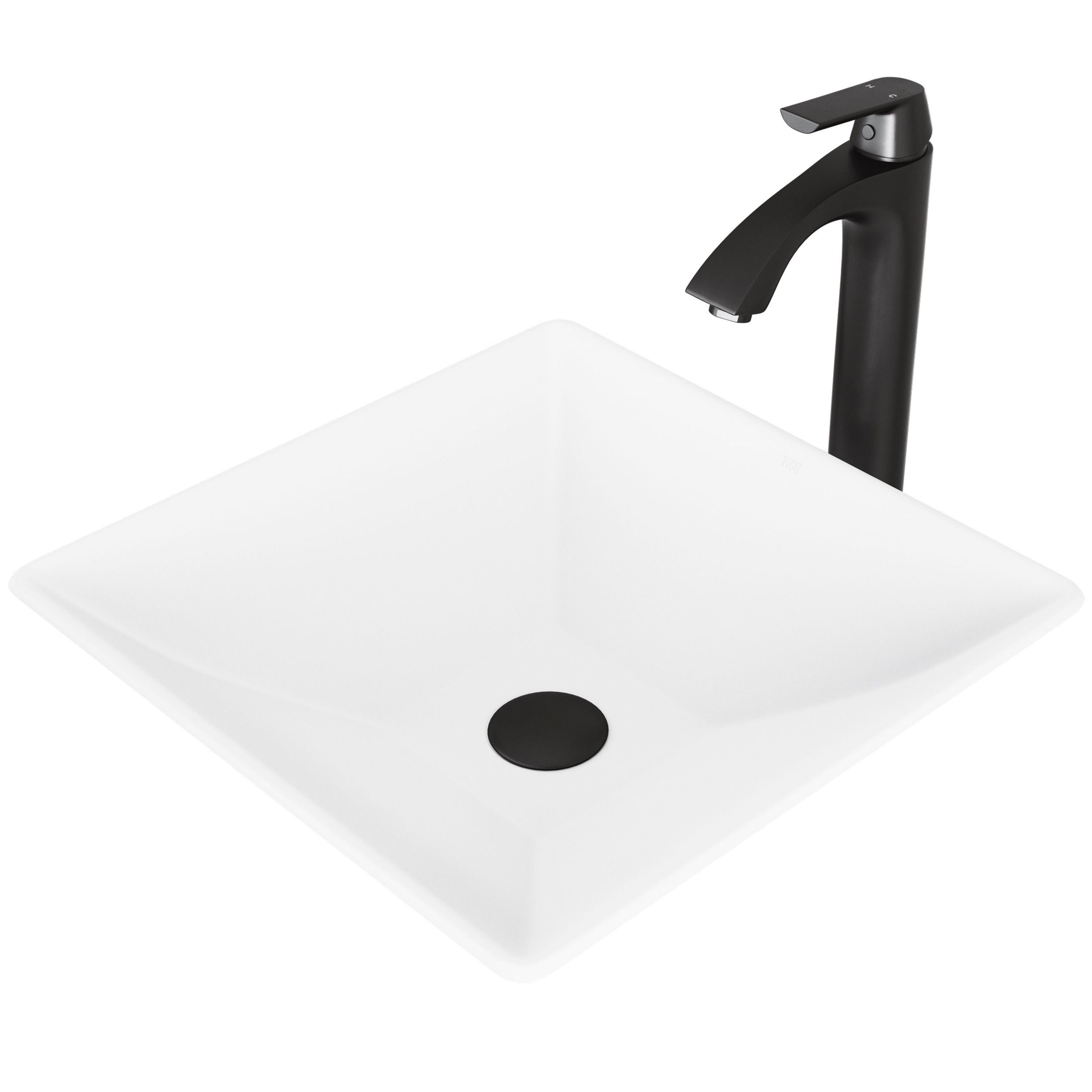 VIGO Hibiscus MatteStone White Bathroom Sink/Basin Set with Linus Faucet and Square Composite Vessel